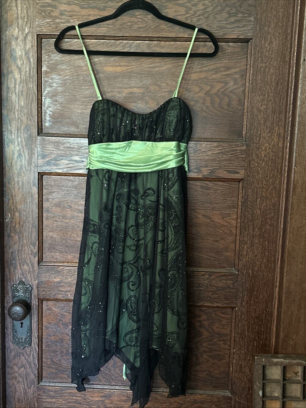 Y2K Speechless Lime Green Mesh Overlay Babydoll Hanky Hem Velvet Burnout Sz M